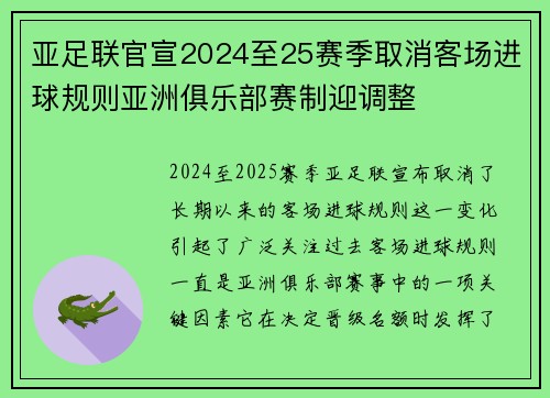 亚足联官宣2024至25赛季取消客场进球规则亚洲俱乐部赛制迎调整
